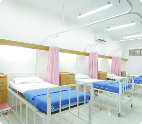Modern hospital interior with patients and staff